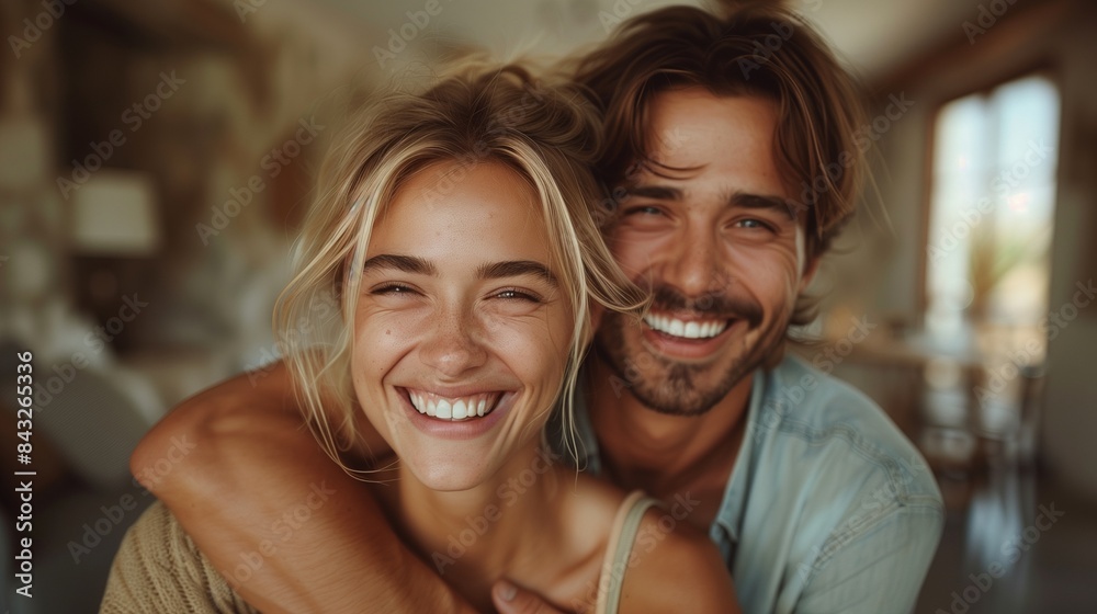 A joyful young couple embraces and laughs in an unfinished new apartment, symbolizing a fresh beginning together A joyful young couple embraces and laughs in an unfinished new apartment, symbolizing a fresh beginning together