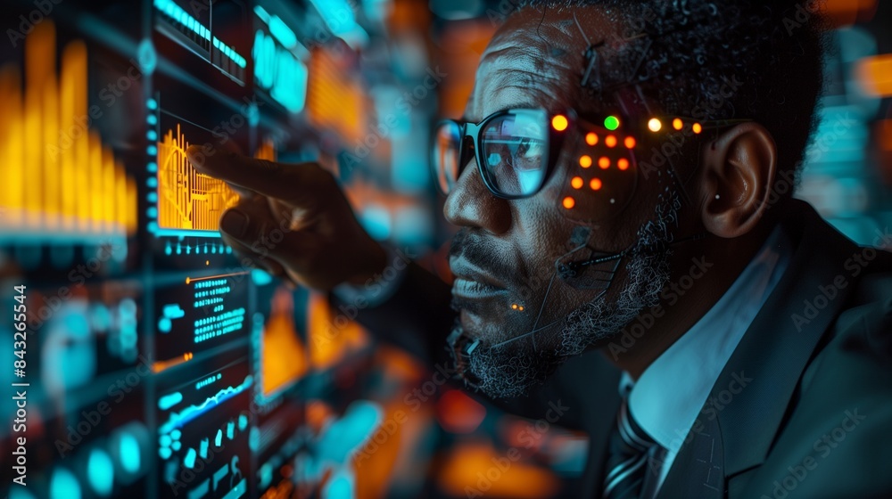 Man in suit and tie with LED lit smart glasses pointing at interactive screen showing graphs, charts, data Man in suit and tie with LED lit smart glasses pointing at interactive screen showing graphs, charts, data