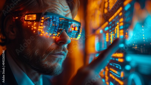 Wallpaper Mural Man in suit and tie with LED lit smart glasses pointing at interactive screen showing graphs, charts, data Torontodigital.ca