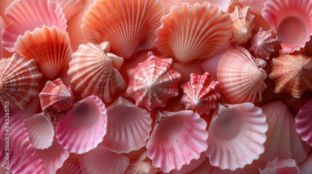 Scattered background of many pink shells. Scattered background of many pink shells.