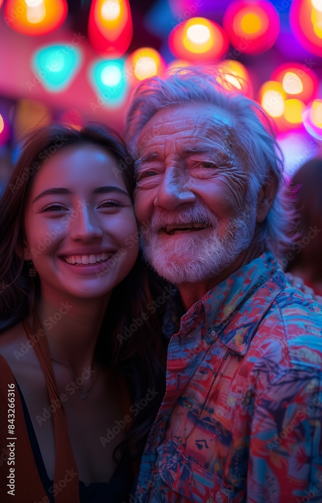 Joyful party scene. A woman and an elderly man dance exuberantly, celebrating life together Joyful party scene. A woman and an elderly man dance exuberantly, celebrating life together