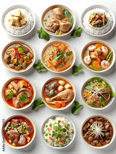 Colorful Array of Vibrant Thai Curry Dishes with Diverse Ingredients on Isolated White Background