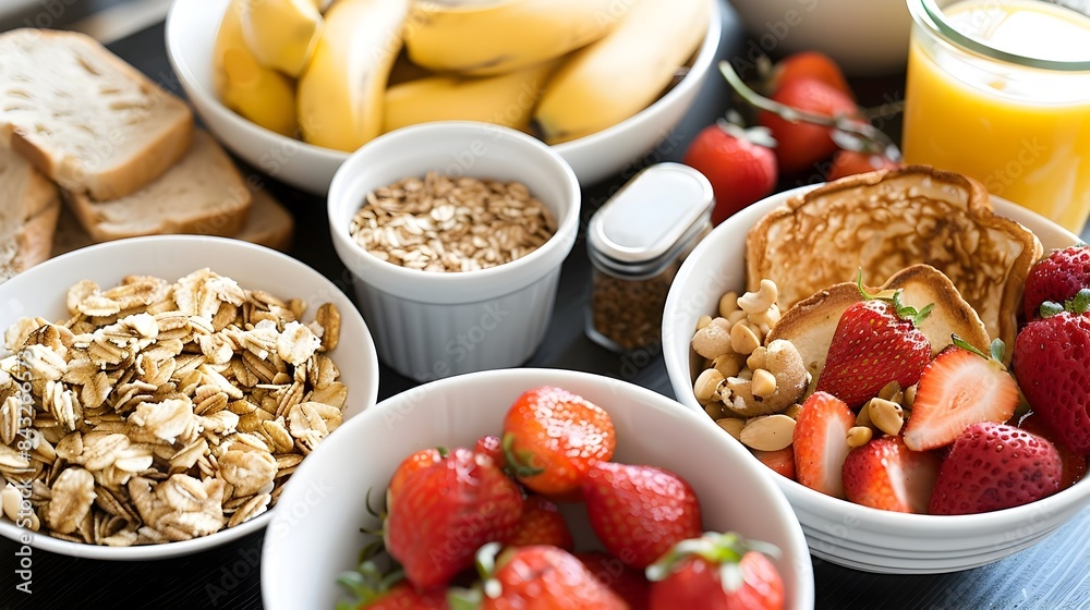 Healthy Breakfast Spread with Variety of Nutritious Foods on Wooden Table Healthy Breakfast Spread with Variety of Nutritious Foods on Wooden Table