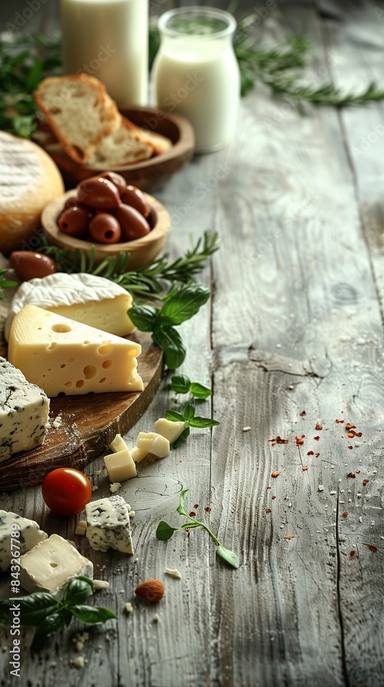Laid flat as a mockup for advertising milk and cheese, emphasizing a natural, organic food concept Laid flat as a mockup for advertising milk and cheese, emphasizing a natural, organic food concept