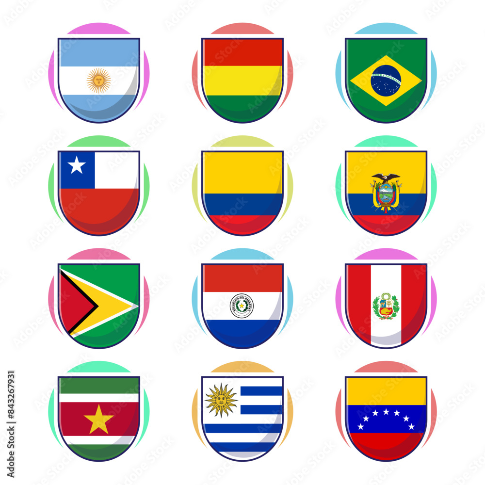 South american continent flags. Flat cartoon vector element design, travel symbols, landmark symbols, geography and map flags emblem. South american continent flags. Flat cartoon vector element design, travel symbols, landmark symbols, geography and map flags emblem.