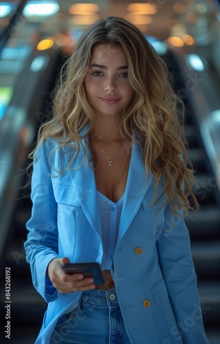 Young woman in blue suit and jeans, smiling, holding phone on escalator in shopping mall