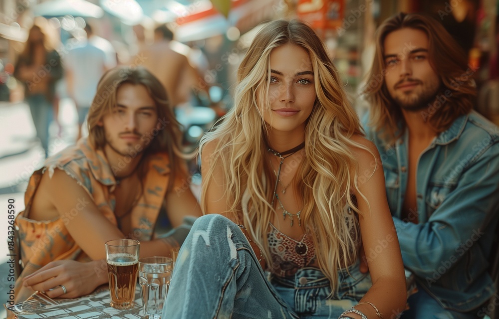 Gorgeous woman at table in jeans and high heels, with two guys in denim jackets, street style Gorgeous woman at table in jeans and high heels, with two guys in denim jackets, street style