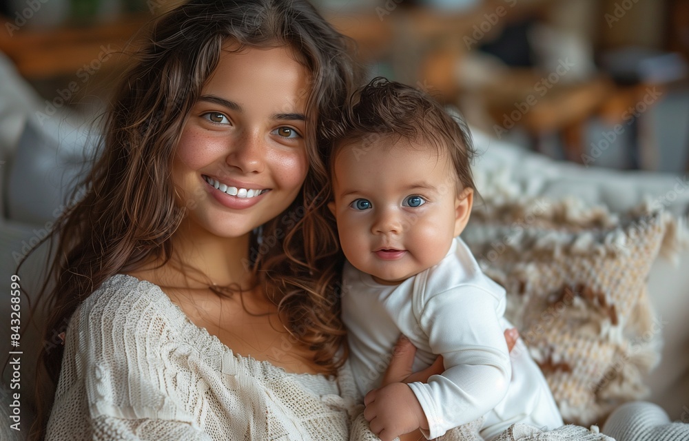 Mother joyfully sitting on sofa holding her baby boy in living room, wearing a white shirt Mother joyfully sitting on sofa holding her baby boy in living room, wearing a white shirt