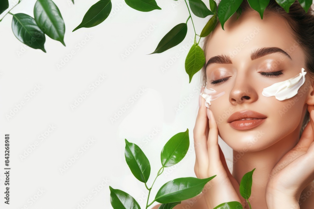 A beautiful woman with clean, healthy skin was applying cream to her cheeks against a white background with green leaves next to her hands. Skincare concept, beauty concept A beautiful woman with clean, healthy skin was applying cream to her cheeks against a white background with green leaves next to her hands. Skincare concept, beauty concept