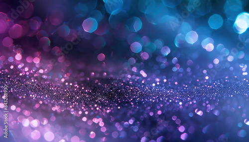 Abstract background of purple and blue bokeh lights creating a dreamy and sparkling atmosphere, perfect for festive and elegant designs.