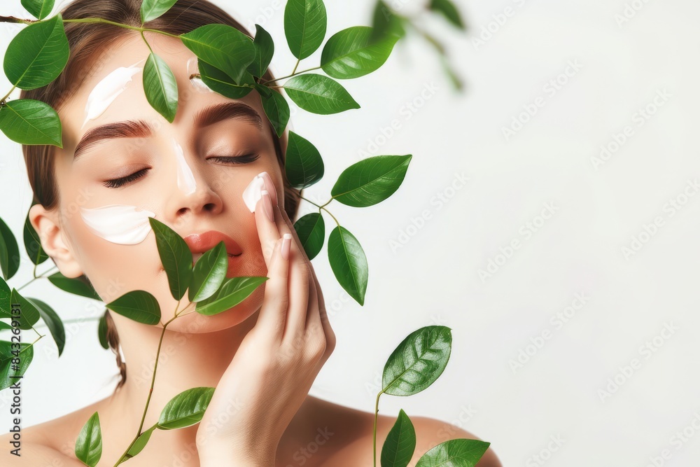 A beautiful woman with clean, healthy skin was applying cream to her cheeks against a white background with green leaves next to her hands. Skincare concept, beauty concept