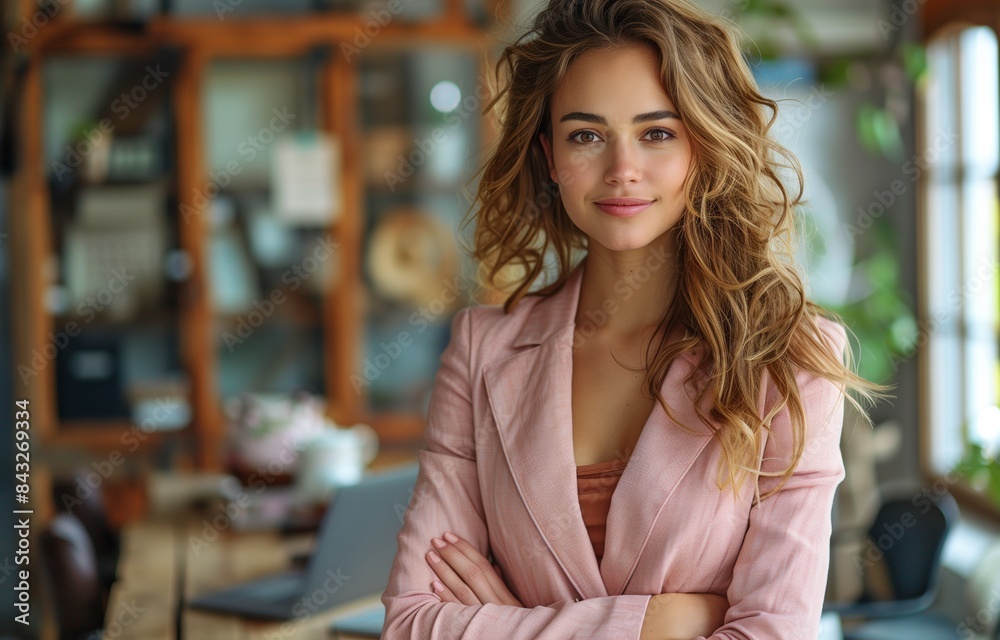 A businesswoman stands in a contemporary office beside a laptop and meeting room chairs, wearing a pink pantsuit, smiling A businesswoman stands in a contemporary office beside a laptop and meeting room chairs, wearing a pink pantsuit, smiling