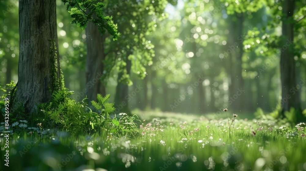 Natural dorest of woods with sunbeams through fog and leaves branch create mystic atmosphere. sunny morning in green forest Natural dorest of woods with sunbeams through fog and leaves branch create mystic atmosphere. sunny morning in green forest