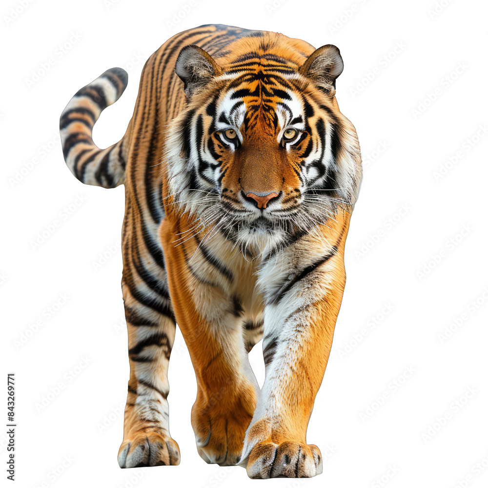 A tiger is walking on a white background