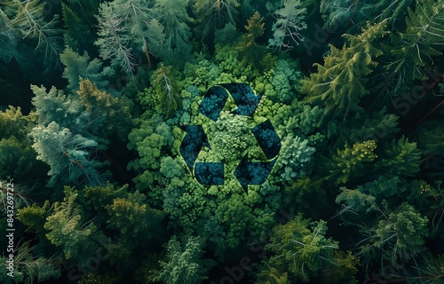 Top view of a blue recycling symbol on a green forest background, representing environmental conservation and sustainability © yevgeniya131988