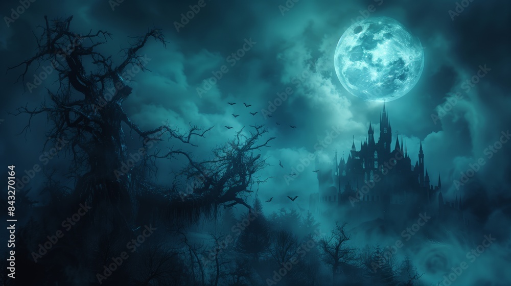 Graveyard cemetery to castle in Spooky scary dark Night
Graveyard cemetery to castle in Spooky scary dark Night