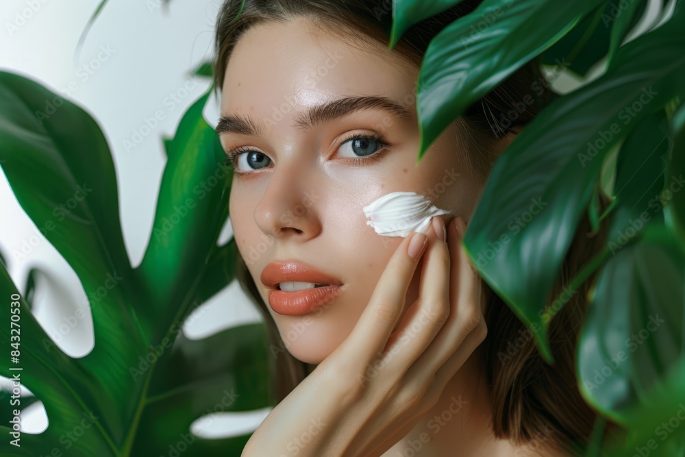 A beautiful woman with clean, healthy skin was applying cream to her cheeks against a white background with green leaves next to her hands. Skincare concept, beauty concept A beautiful woman with clean, healthy skin was applying cream to her cheeks against a white background with green leaves next to her hands. Skincare concept, beauty concept