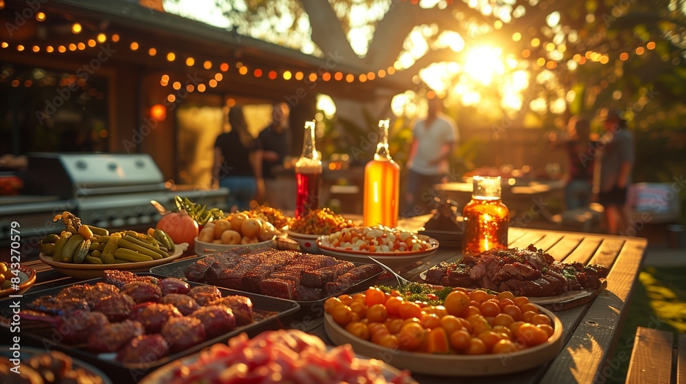 Wide shot of a table with food and drinks in front of a house. Family gathers for summer party Wide shot of a table with food and drinks in front of a house. Family gathers for summer party