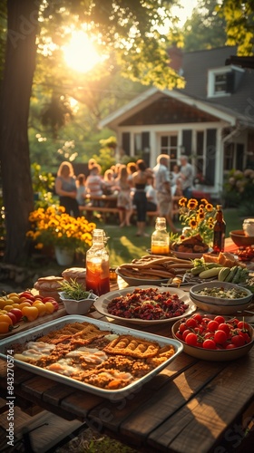 Wide shot of a table with food and drinks in front of a house. Family gathers for summer party