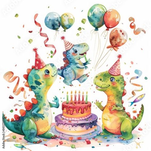 A group of cute baby dinosaurs wearing birthday party hats © Kelton