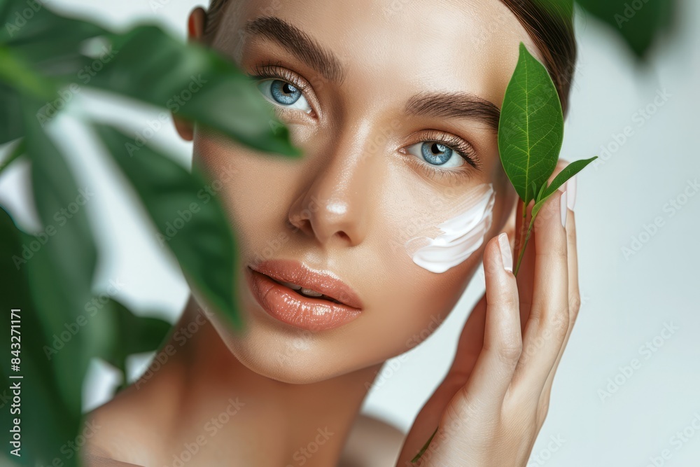 A beautiful woman with clean, healthy skin was applying cream to her cheeks against a white background with green leaves next to her hands. Skincare concept, beauty concept A beautiful woman with clean, healthy skin was applying cream to her cheeks against a white background with green leaves next to her hands. Skincare concept, beauty concept