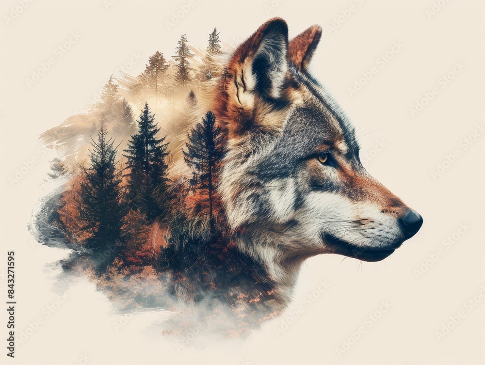 custom made wallpaper toronto digitalWolf's head merged with forest scenery, isolated on white background,