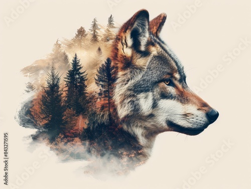 Wallpaper Mural Wolf's head merged with forest scenery, isolated on white background, Torontodigital.ca