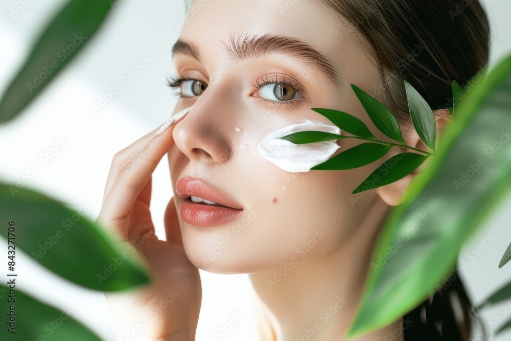 A beautiful woman with clean, healthy skin was applying cream to her cheeks against a white background with green leaves next to her hands. Skincare concept, beauty concept A beautiful woman with clean, healthy skin was applying cream to her cheeks against a white background with green leaves next to her hands. Skincare concept, beauty concept