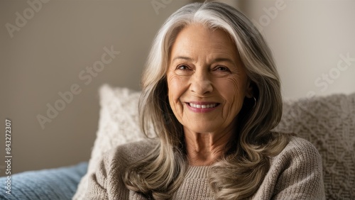 A portrait of an elderly woman with long, silvery-gray hair, sitting contentedly in a cozy, softly lit room. She is wearing a comfortable and modest outfit, her eyes twinkling with years of wisdom.