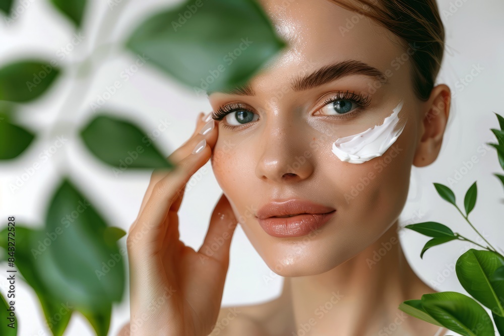 A beautiful woman with clean, healthy skin was applying cream to her cheeks against a white background with green leaves next to her hands. Skincare concept, beauty concept A beautiful woman with clean, healthy skin was applying cream to her cheeks against a white background with green leaves next to her hands. Skincare concept, beauty concept