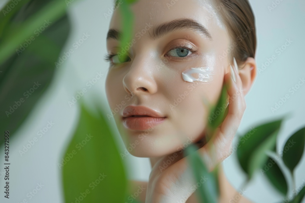 A beautiful woman with clean, healthy skin was applying cream to her cheeks against a white background with green leaves next to her hands. Skincare concept, beauty concept A beautiful woman with clean, healthy skin was applying cream to her cheeks against a white background with green leaves next to her hands. Skincare concept, beauty concept
