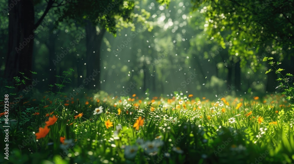 Natural dorest of woods with sunbeams through fog and leaves branch create mystic atmosphere. sunny morning in green forest Natural dorest of woods with sunbeams through fog and leaves branch create mystic atmosphere. sunny morning in green forest