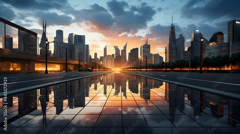 Obraz premium High view office building against sky in city center with reflective skyscrapers