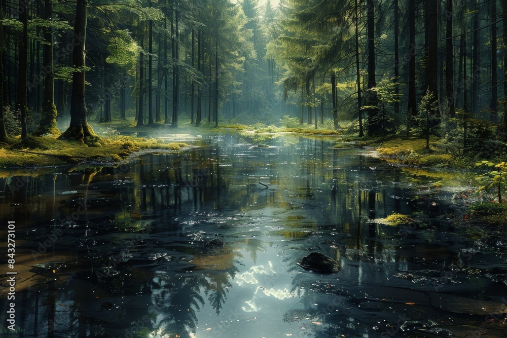 Obraz premium The forest and swamp, where puddles and moss intertwine to create a captivating natural tapestry.
