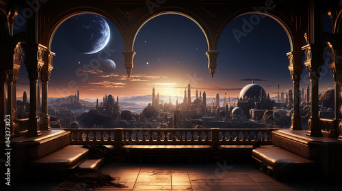a full front view of a soft ornate backless bench on a wall between two pillars with a window in an Arabian palace at night with the stars out in the time of Aladdin