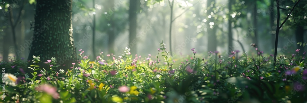 Natural dorest of woods with sunbeams through fog and leaves branch create mystic atmosphere. sunny morning in green forest Natural dorest of woods with sunbeams through fog and leaves branch create mystic atmosphere. sunny morning in green forest
