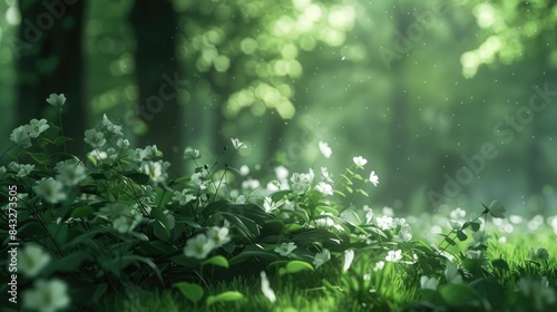 Natural dorest of woods with sunbeams through fog and leaves branch create mystic atmosphere. sunny morning in green forest