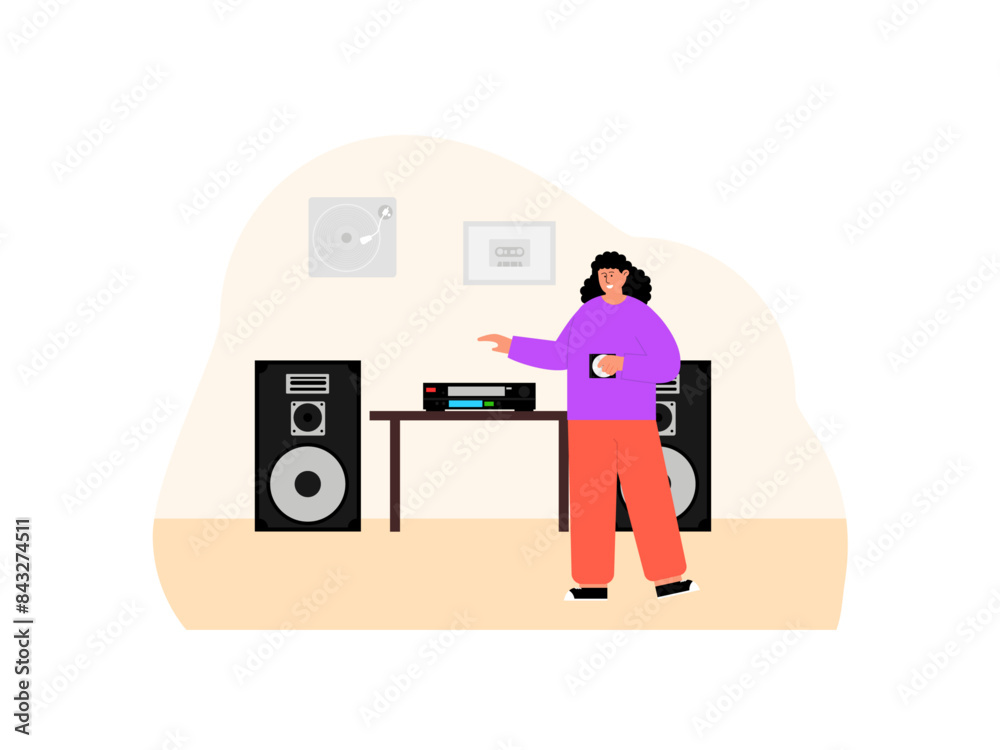 Woman inserting cassette tape into player. 80's vector illustration Woman inserting cassette tape into player. 80's vector illustration