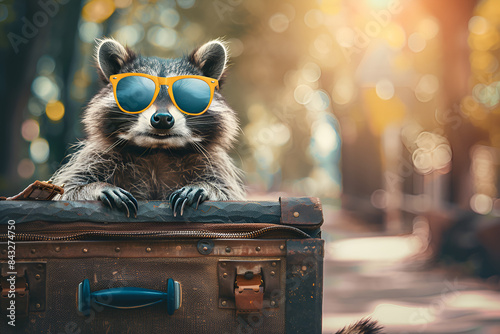 Racoon with suitcase summer created wit photo