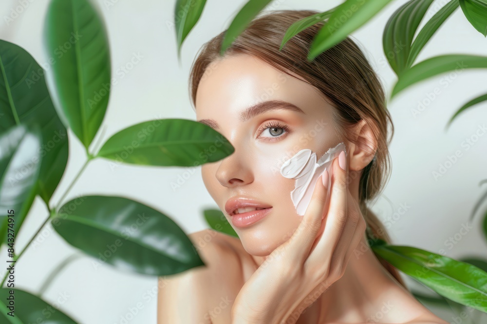 A beautiful woman with clean, healthy skin was applying cream to her cheeks against a white background with green leaves next to her hands. Skincare concept, beauty concept A beautiful woman with clean, healthy skin was applying cream to her cheeks against a white background with green leaves next to her hands. Skincare concept, beauty concept