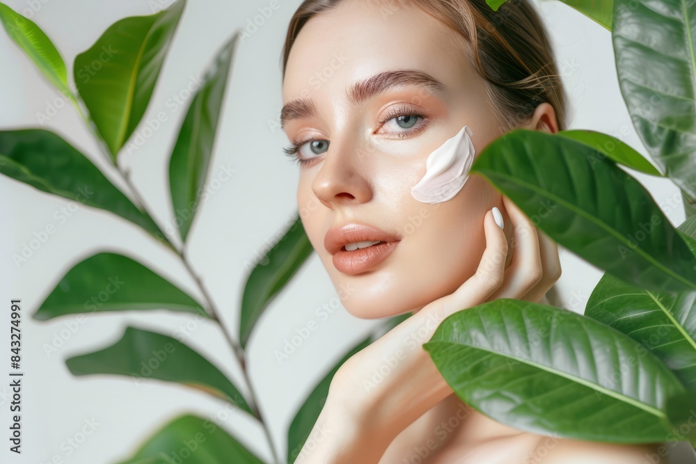 A beautiful woman with clean, healthy skin was applying cream to her cheeks against a white background with green leaves next to her hands. Skincare concept, beauty concept A beautiful woman with clean, healthy skin was applying cream to her cheeks against a white background with green leaves next to her hands. Skincare concept, beauty concept