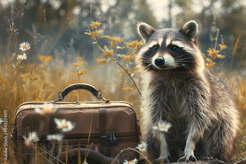 Racoon with suitcase summer created wit photo