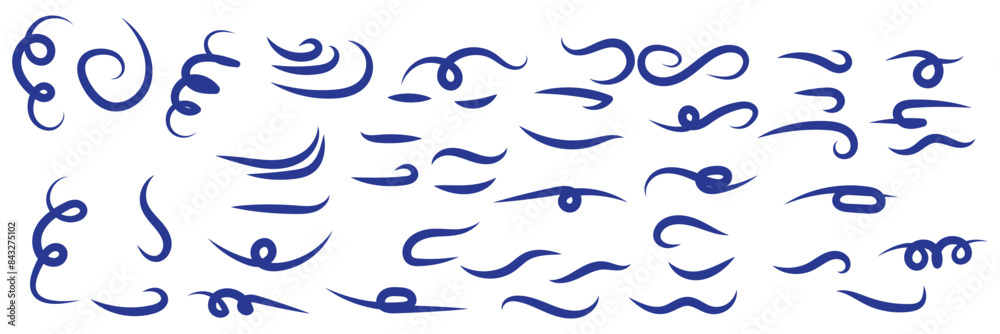 Big set of line winds. Air, wind, swirl in doodle illustration style. Vector illustration on white background