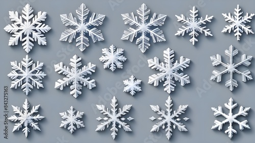 Set of different snowflakes isolated on white background. Macro photo of real snow crystals.