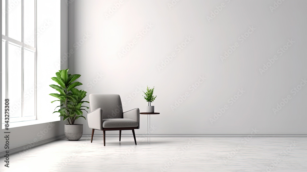 Modern minimalist interior with an armchair on empty white color wall background Modern minimalist interior with an armchair on empty white color wall background