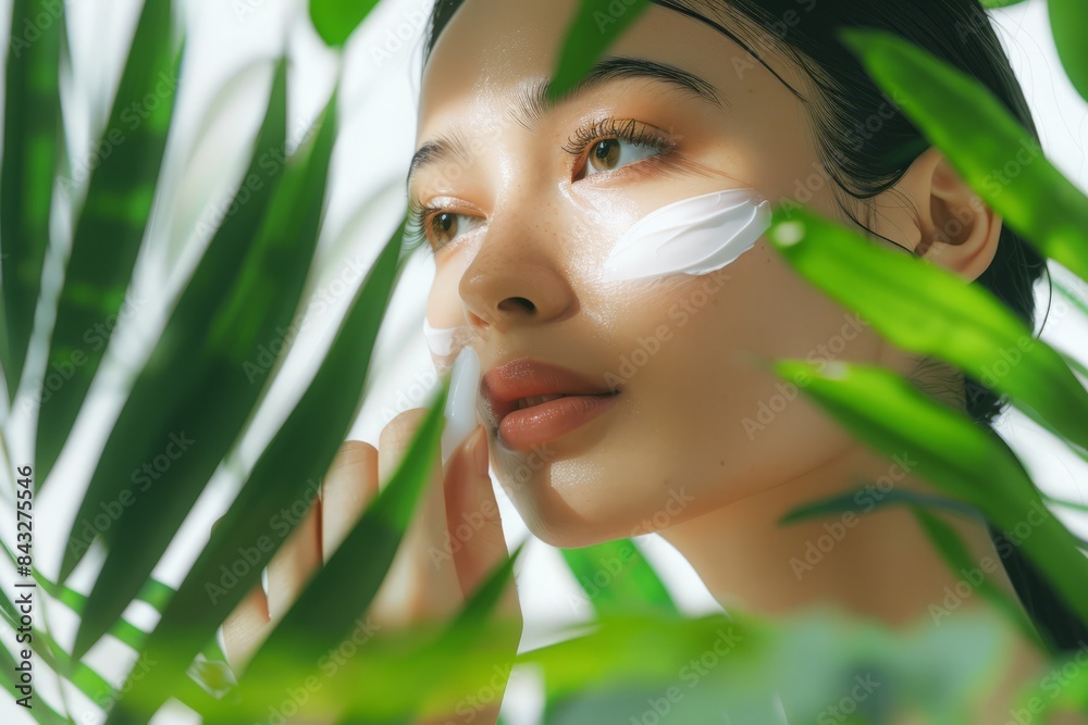 A beautiful woman with clean, healthy skin was applying cream to her cheeks against a white background with green leaves next to her hands. Skincare concept, beauty concept A beautiful woman with clean, healthy skin was applying cream to her cheeks against a white background with green leaves next to her hands. Skincare concept, beauty concept
