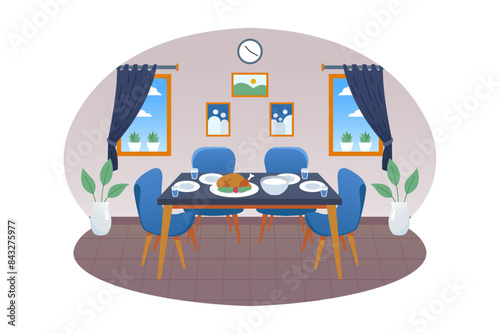 Dining room with foods vector illustration.