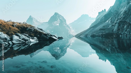 A serene mountain lake cradled within a pristine wilderness,Minimalist composition accentuating the clarity and depth of the alpine waters photo