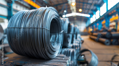 coils of steel wire rod located in the industrial. Heavy industrial