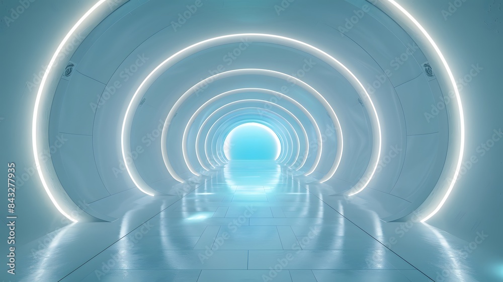 Fototapeta premium 3d rendering of futuristic white background with glowing neon light and long corridor for technology concept design.